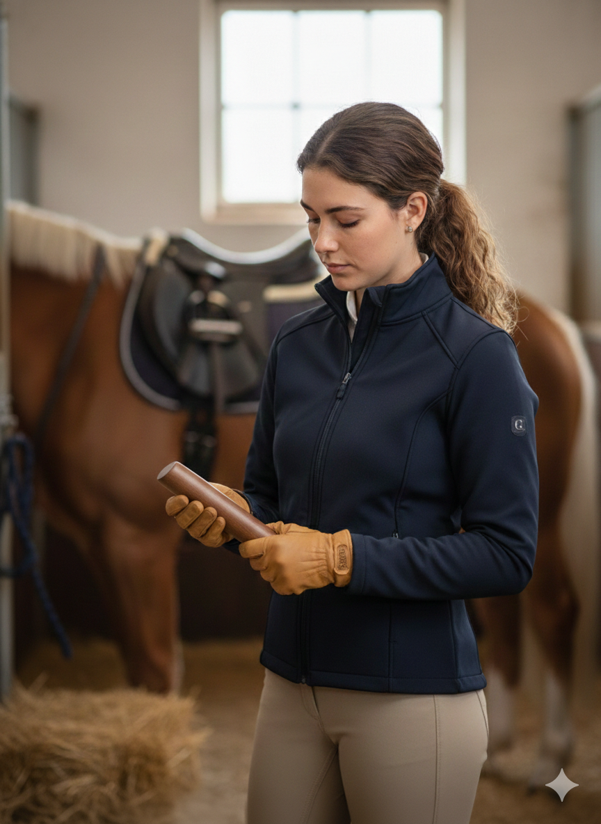 Short scene of a young woman grooming her horse in a cozy, warm barn, horse seen from the front, girl in profile brushing its coat gently, autumnal lighting with soft rays filtering through the barn windows, detailed textures on horse's coat and wooden barn, subtle dust particles in the air, warm and inviting color palette, cinematic composition, slow and smooth movements, realistic hair and fabric physics, peaceful and intimate Grooméa atmosphere