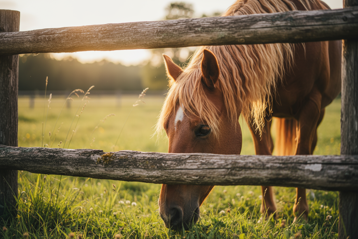 A soft and natural photo of a brown horse with a light chestnut mane, seen through a wooden fence. The horse is grazing peacefully on green grass, its head slightly lowered. The focus is on the mane and head, with a blurred background of a sunny pasture. The atmosphere feels calm, warm, and rural, with natural lighting and earthy tones.