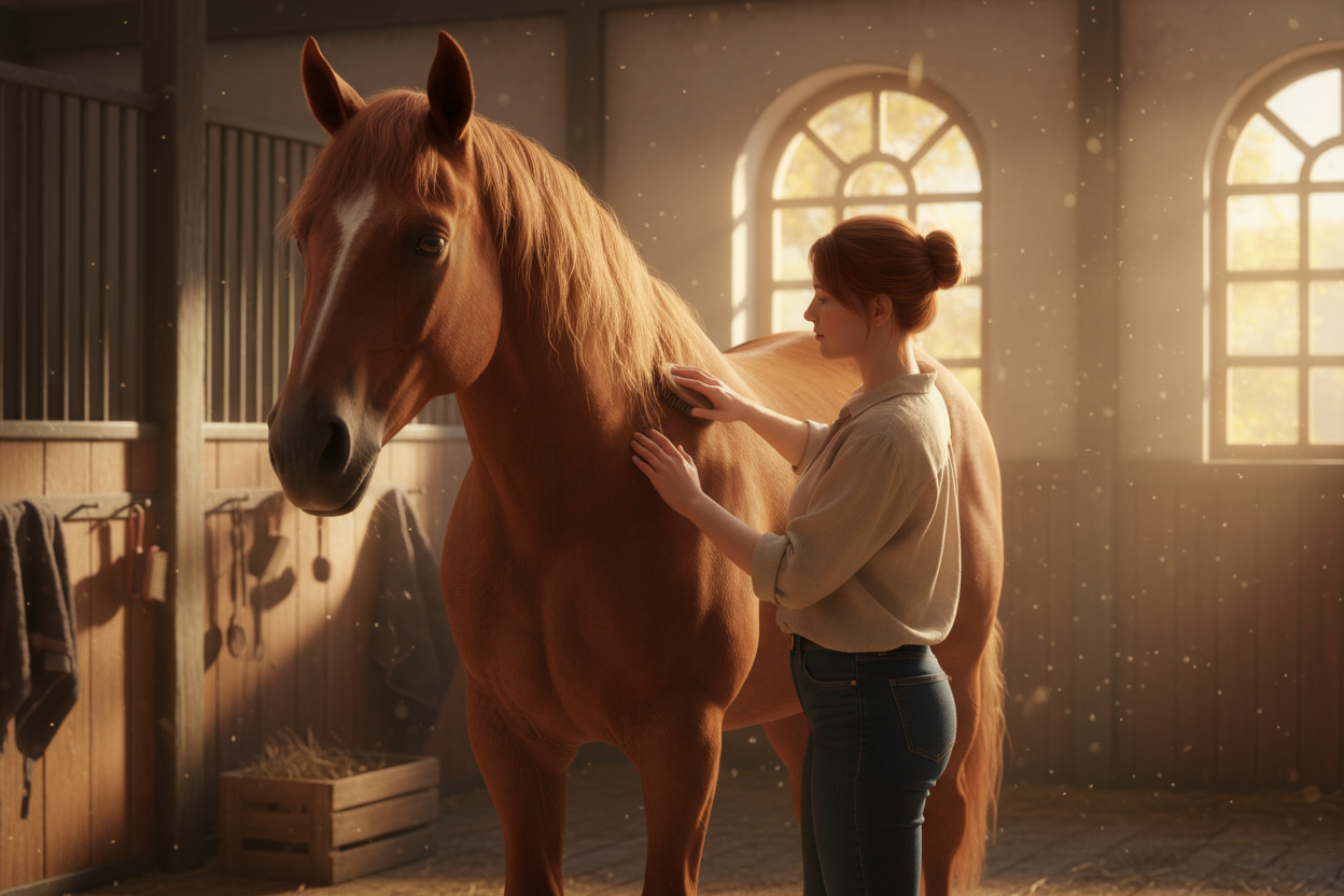 Short scene of a young woman grooming her horse in a cozy, warm barn, horse seen from the front, girl in profile brushing its coat gently, autumnal lighting with soft rays filtering through the barn windows, detailed textures on horse's coat and wooden barn, subtle dust particles in the air, warm and inviting color palette, cinematic composition, slow and smooth movements, realistic hair and fabric physics, peaceful and intimate Grooméa atmosphere